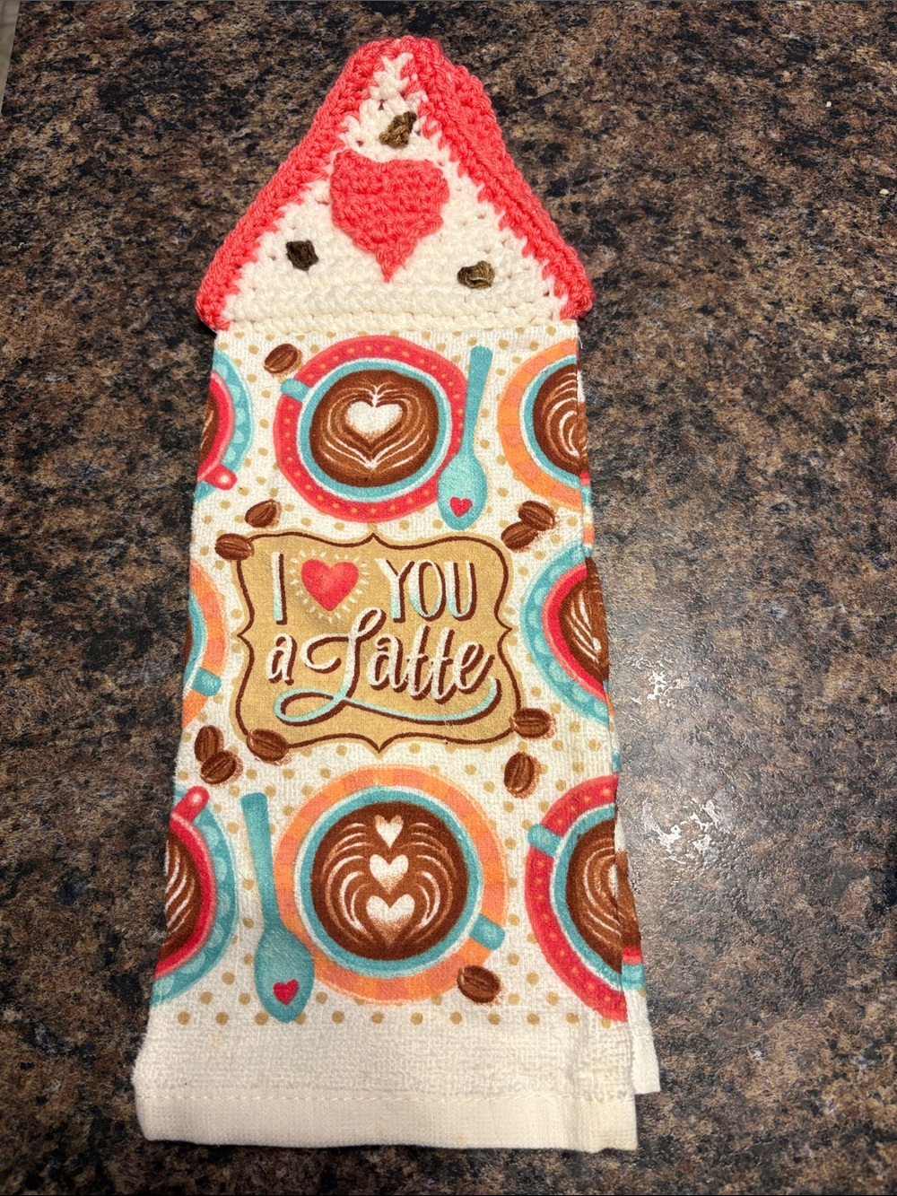 I Love You a Latte Kitchen Oven Towel with Crochet Top